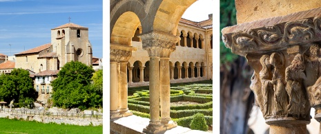 Links: Ansicht des Klosters / Zentrums: Romanischer Kreuzgang ©Juan Carlos Marcos / Rechts: Detail eines Kapitells aus dem Kloster Santo Domingo de Silos in Burgos, Kastilien und León. Links: Ansicht des Klosters / Zentrums: Romanischer Kreuzgang ©Juan Carlos Marcos / Rechts: Detail eines Kapitells aus dem Kloster Santo Domingo de Silos in Burgos, Kastilien und León.