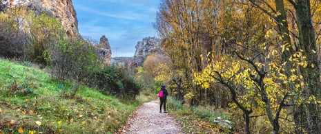 Une personne marche dans le parc naturel de Barranco del Río Dulce dans la province de Guadalajara, Castille-La Mancha Une personne marche dans le parc naturel de Barranco del Río Dulce dans la province de Guadalajara, Castille-La Mancha
