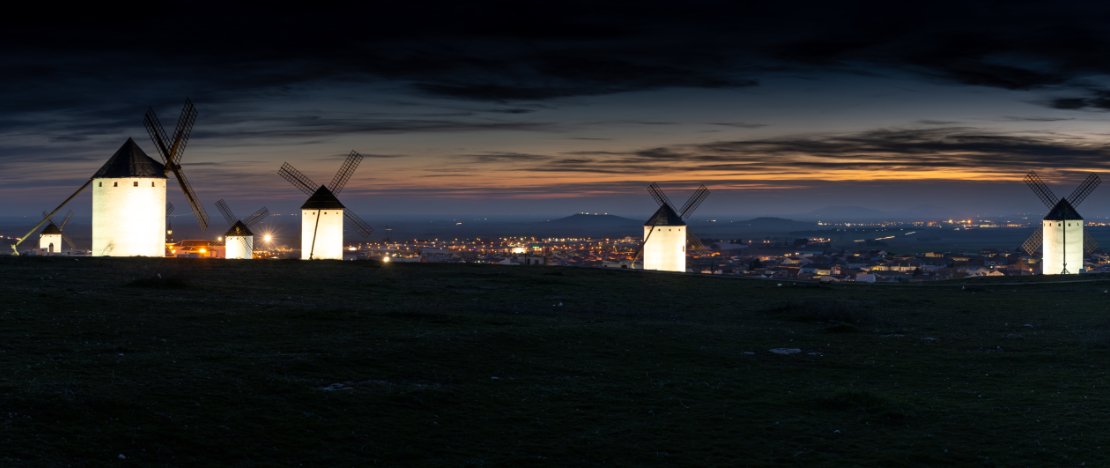Night view of the windmills of Campo de Criptana in Ciudad Real, Castile-La Mancha