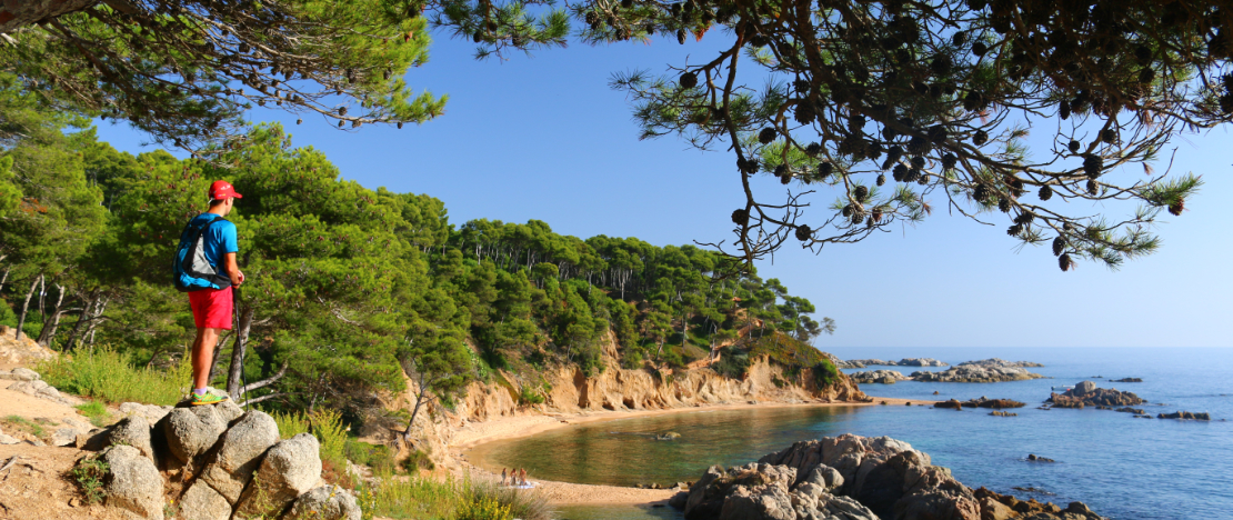 Une personne randonnant sur le Camí de Ronda, admirant la crique Estreta de Palamós, Gérone, Catalogne