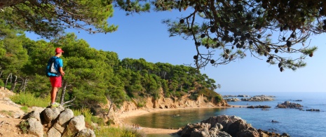 Une personne randonnant sur le Camí de Ronda, admirant la crique Estreta de Palamós, Gérone, Catalogne Une personne randonnant sur le Camí de Ronda, admirant la crique Estreta de Palamós, Gérone, Catalogne