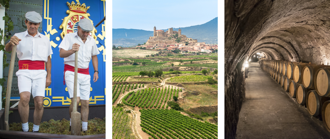 Left: opening ceremony of the Jerez de la Frontera Harvest Festival in Cadiz, Andalusia ©KikoStock / Centre: view of the vineyards of San Vicente de la Sonsierra, La Rioja / Right: Detail of underground wineries in Ribera del Duero, Castile and Leon ©Chiyacat Left: opening ceremony of the Jerez de la Frontera Harvest Festival in Cadiz, Andalusia ©KikoStock / Centre: view of the vineyards of San Vicente de la Sonsierra, La Rioja / Right: Detail of underground wineries in Ribera del Duero, Castile and Leon ©Chiyacat