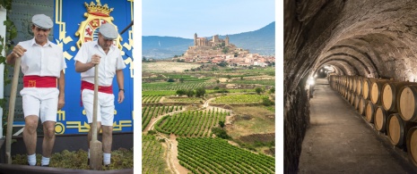 Left: opening ceremony of the Jerez de la Frontera Harvest Festival in Cadiz, Andalusia ©KikoStock / Centre: view of the vineyards of San Vicente de la Sonsierra, La Rioja / Right: Detail of underground wineries in Ribera del Duero, Castile and Leon ©Chiyacat Left: opening ceremony of the Jerez de la Frontera Harvest Festival in Cadiz, Andalusia ©KikoStock / Centre: view of the vineyards of San Vicente de la Sonsierra, La Rioja / Right: Detail of underground wineries in Ribera del Duero, Castile and Leon ©Chiyacat