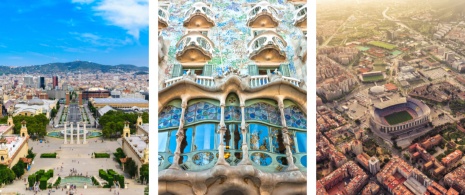 View of the city from Montjuïc, detail of Casa Batlló and view of Camp Nou and Palau Blaugrana in Barcelona, Catalonia © Centre: Luciano Mortula / Right: Marchello74 View of the city from Montjuïc, detail of Casa Batlló and view of Camp Nou and Palau Blaugrana in Barcelona, Catalonia © Centre: Luciano Mortula / Right: Marchello74