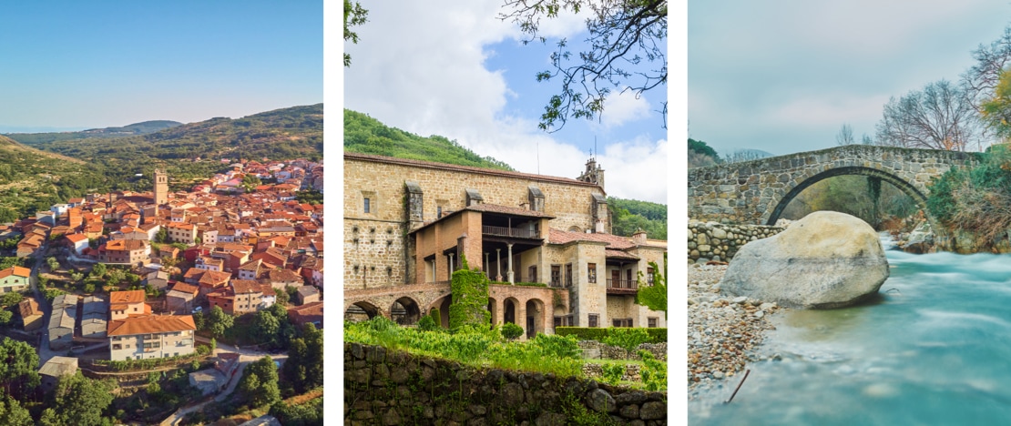 Left: Aerial view of Garganta la Olla in Cáceres, Extremadura / Centre: San Jerónimo de Yuste Monastery / Right: Roman bridge in Jarandilla de La Vera