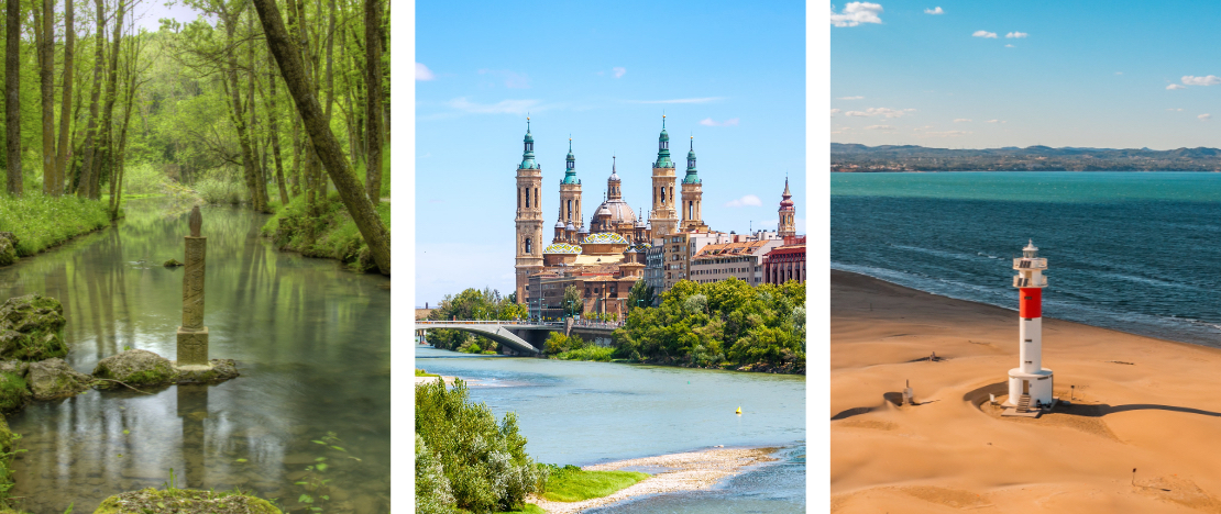 Links: Quelle des Ebro bei Fontibre in der Gemeinde Hermandad de Campoo de Suso, Kantabrien / Mitte: Blick auf die Basilika El Pilar in Zaragoza, Aragonien / Rechts: Leuchtturm von El Fangar im Ebro-Delta in Tarragona, Katalonien Links: Quelle des Ebro bei Fontibre in der Gemeinde Hermandad de Campoo de Suso, Kantabrien / Mitte: Blick auf die Basilika El Pilar in Zaragoza, Aragonien / Rechts: Leuchtturm von El Fangar im Ebro-Delta in Tarragona, Katalonien