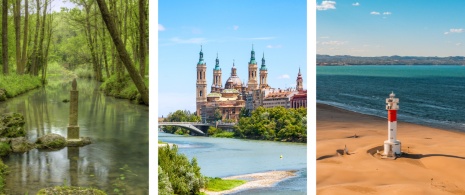 Links: Quelle des Ebro bei Fontibre in der Gemeinde Hermandad de Campoo de Suso, Kantabrien / Mitte: Blick auf die Basilika El Pilar in Zaragoza, Aragonien / Rechts: Leuchtturm von El Fangar im Ebro-Delta in Tarragona, Katalonien Links: Quelle des Ebro bei Fontibre in der Gemeinde Hermandad de Campoo de Suso, Kantabrien / Mitte: Blick auf die Basilika El Pilar in Zaragoza, Aragonien / Rechts: Leuchtturm von El Fangar im Ebro-Delta in Tarragona, Katalonien