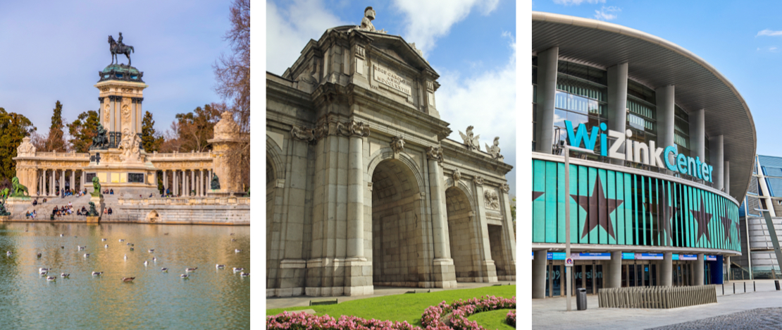 El Retiro Park, Puerta de Alcalá and detail of the WiZink Center in Madrid, region of Madrid © Left: Color Maker / Right: Javierglezphoto