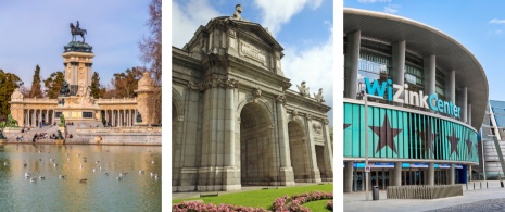El Retiro Park, Puerta de Alcalá and detail of the WiZink Center in Madrid, region of Madrid © Left: Color Maker / Right: Javierglezphoto El Retiro Park, Puerta de Alcalá and detail of the WiZink Center in Madrid, region of Madrid © Left: Color Maker / Right: Javierglezphoto