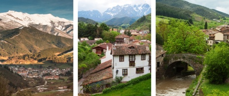 Left: Potes, at the foot of the Picos de Europa Mountains / Centre: View of traditional houses in the village / Right: San Cayetano bridge in Potes, Cantabria Left: Potes, at the foot of the Picos de Europa Mountains / Centre: View of traditional houses in the village / Right: San Cayetano bridge in Potes, Cantabria