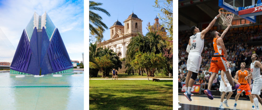 Detail of the Agora in the City of Arts and Sciences, the Turia gardens and match at the Fuente de San Luis arena in Valencia, region of Valencia © Left: Mark Pitt / Right: Efecreata
