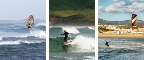 À gauche : Planchiste à Corralejo, Fuerteventura, îles Canaries © Miha Travnik / Centre : Surfeur de longboard à San Vicente de la Barquera, Cantabrie © DavidSamperio / Droite : Homme faisant du kitesurf à Tarifa, province de Cadix, Andalousie À gauche : Planchiste à Corralejo, Fuerteventura, îles Canaries © Miha Travnik / Centre : Surfeur de longboard à San Vicente de la Barquera, Cantabrie © DavidSamperio / Droite : Homme faisant du kitesurf à Tarifa, province de Cadix, Andalousie