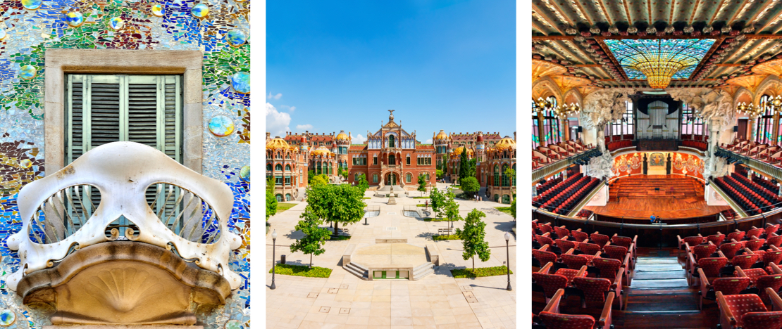 Esquerda: Detalhe da Casa Batlló © Aliona Birukova / Centro: Recinto Modernista de Sant Pau / Direita: Palau de la Música em Barcelona, Catalunha © Kritikos