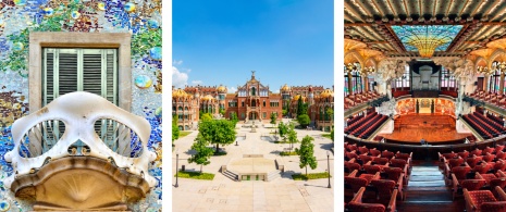 Esquerda: Detalhe da Casa Batlló © Aliona Birukova / Centro: Recinto Modernista de Sant Pau / Direita: Palau de la Música em Barcelona, Catalunha © Kritikos Esquerda: Detalhe da Casa Batlló © Aliona Birukova / Centro: Recinto Modernista de Sant Pau / Direita: Palau de la Música em Barcelona, Catalunha © Kritikos