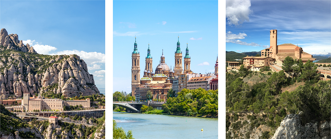 Sinistra: Monastero di Montserrat a Barcellona, Catalogna / Centro: Basilica di Nuestra Señora del Pilar a Saragozza, Aragona / Destra: Santuario di Torreciudad a Huesca, Aragona Sinistra: Monastero di Montserrat a Barcellona, Catalogna / Centro: Basilica di Nuestra Señora del Pilar a Saragozza, Aragona / Destra: Santuario di Torreciudad a Huesca, Aragona