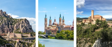 Sinistra: Monastero di Montserrat a Barcellona, Catalogna / Centro: Basilica di Nuestra Señora del Pilar a Saragozza, Aragona / Destra: Santuario di Torreciudad a Huesca, Aragona Sinistra: Monastero di Montserrat a Barcellona, Catalogna / Centro: Basilica di Nuestra Señora del Pilar a Saragozza, Aragona / Destra: Santuario di Torreciudad a Huesca, Aragona