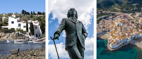 Esquerda: Casa de Salvador Dalí em Portlligat / Centro: Estátua de Dalí em Cadaqués © Pabkov / Direita: Vista de Cadaqués em Girona, Catalunha Esquerda: Casa de Salvador Dalí em Portlligat / Centro: Estátua de Dalí em Cadaqués © Pabkov / Direita: Vista de Cadaqués em Girona, Catalunha