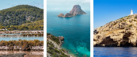 Izquierda: islote Ses Salines / Centro: islote Es Vedrà y Es Vedranell / Derecha: islote Sa Conillera Izquierda: islote Ses Salines / Centro: islote Es Vedrà y Es Vedranell / Derecha: islote Sa Conillera