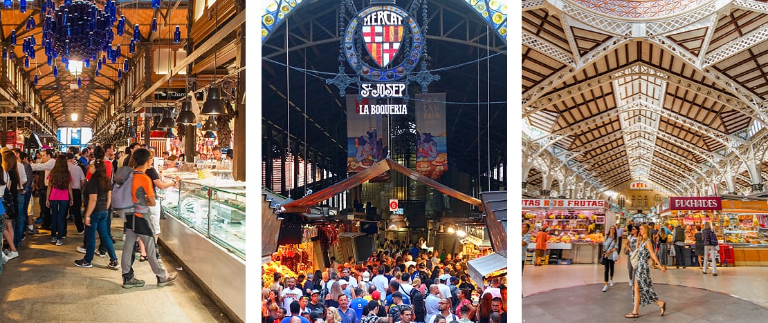 Links: Detail der Markthalle San Miguel in Madrid, Region Madrid / Mitte: Eingang zur Boqueria in Barcelona, Katalonien / Rechts: Der Zentralmarkt von Valencia, Region Valencia