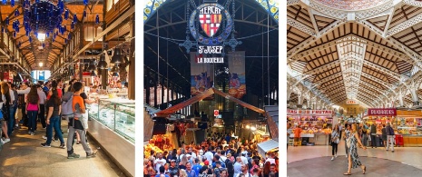 Links: Detail der Markthalle San Miguel in Madrid, Region Madrid / Mitte: Eingang zur Boqueria in Barcelona, Katalonien / Rechts: Der Zentralmarkt von Valencia, Region Valencia Links: Detail der Markthalle San Miguel in Madrid, Region Madrid / Mitte: Eingang zur Boqueria in Barcelona, Katalonien / Rechts: Der Zentralmarkt von Valencia, Region Valencia