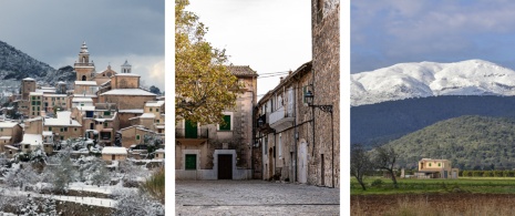 Left: View of Valldemossa covered in snow / Centre: Old quarter of Valldemossa in Mallorca, Balearic Islands / Right: Rural landscape in the Sierra de Tramuntana mountains Left: View of Valldemossa covered in snow / Centre: Old quarter of Valldemossa in Mallorca, Balearic Islands / Right: Rural landscape in the Sierra de Tramuntana mountains