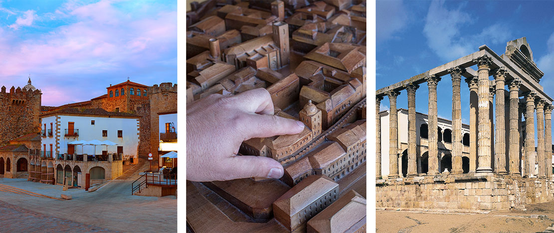 Left: Plaza Mayor de Cáceres, Extremadura / Centre: Tactile model of Cáceres for the visually impaired in the visitor centre / Right: Temple of Diana in Mérida, Badajoz, Extremadura. Left: Plaza Mayor de Cáceres, Extremadura / Centre: Tactile model of Cáceres for the visually impaired in the visitor centre / Right: Temple of Diana in Mérida, Badajoz, Extremadura.