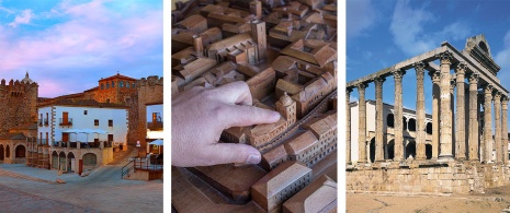 Left: Plaza Mayor de Cáceres, Extremadura / Centre: Tactile model of Cáceres for the visually impaired in the visitor centre / Right: Temple of Diana in Mérida, Badajoz, Extremadura. Left: Plaza Mayor de Cáceres, Extremadura / Centre: Tactile model of Cáceres for the visually impaired in the visitor centre / Right: Temple of Diana in Mérida, Badajoz, Extremadura.