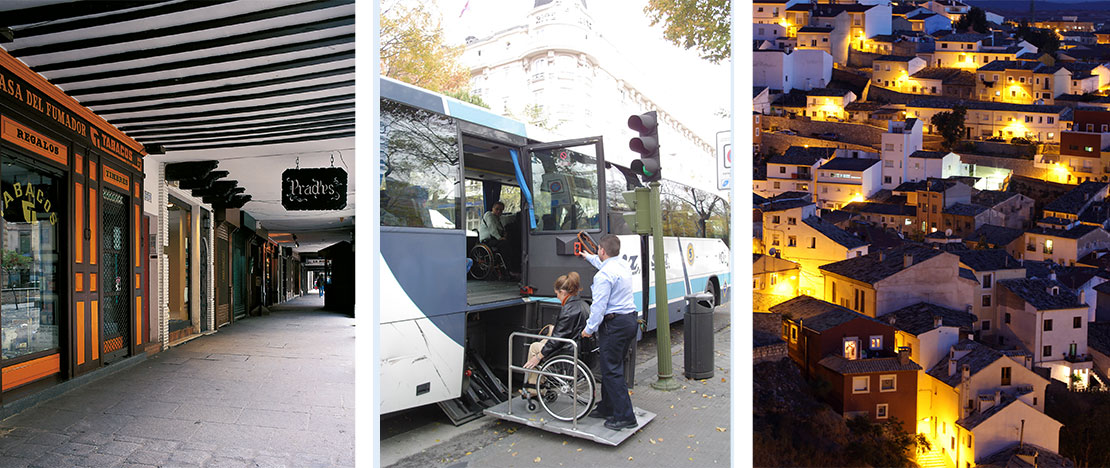 Left: Calle Mayor de Alcalá de Henares, adapted for an accessible route / Centre: Assistance for access to the tourist bus (© PREDIF) / Right: View of the Hanging Houses of Cuenca Left: Calle Mayor de Alcalá de Henares, adapted for an accessible route / Centre: Assistance for access to the tourist bus (© PREDIF) / Right: View of the Hanging Houses of Cuenca