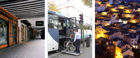 Left: Calle Mayor de Alcalá de Henares, adapted for an accessible route / Centre: Assistance for access to the tourist bus (© PREDIF) / Right: View of the Hanging Houses of Cuenca Left: Calle Mayor de Alcalá de Henares, adapted for an accessible route / Centre: Assistance for access to the tourist bus (© PREDIF) / Right: View of the Hanging Houses of Cuenca