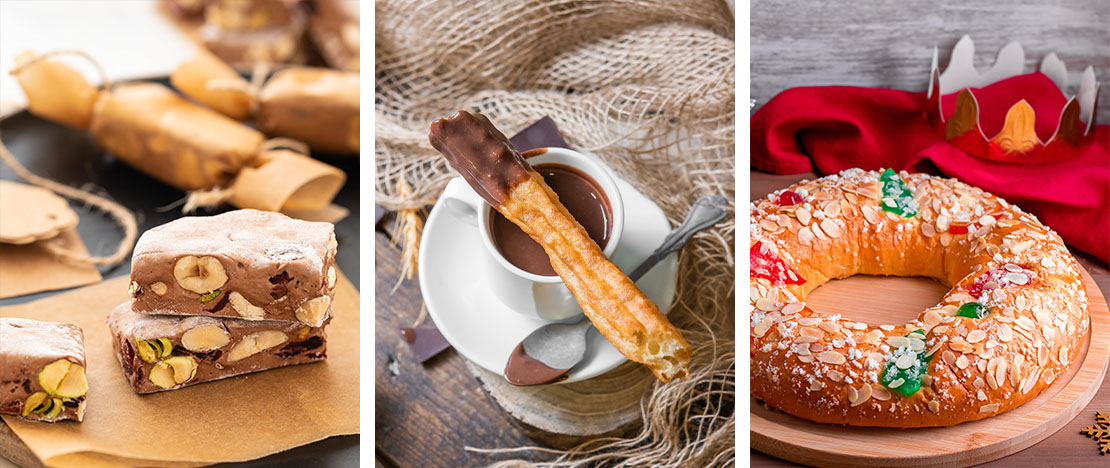 Von links nach rechts: Nougat, Schokolade mit Churros, Kuchen der Heiligen Drei Könige