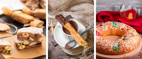 Von links nach rechts: Nougat, Schokolade mit Churros, Kuchen der Heiligen Drei Könige Von links nach rechts: Nougat, Schokolade mit Churros, Kuchen der Heiligen Drei Könige