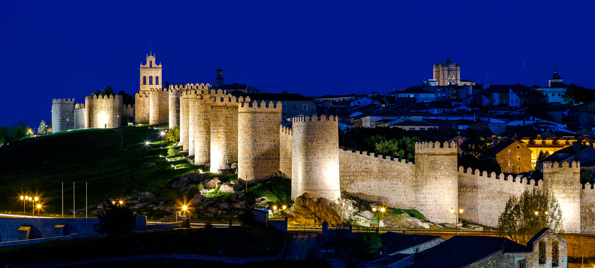 View of Avila city walls at night