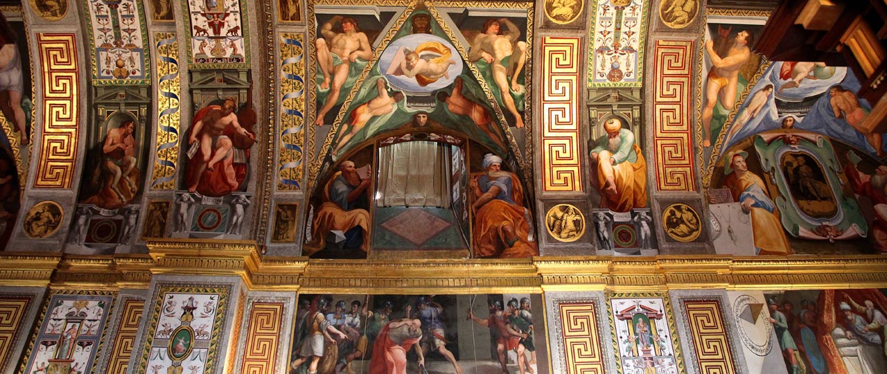 Detail of the library ceiling at the El Escorial Monastery, Madrid