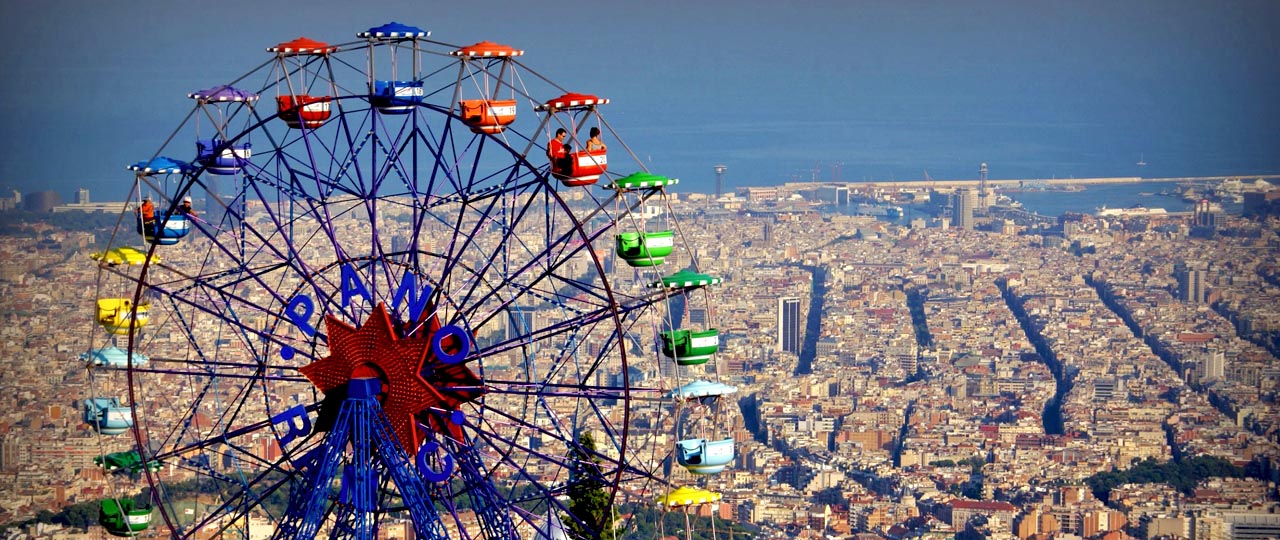 Tibidabo ferris wheel with Barcelona in the background